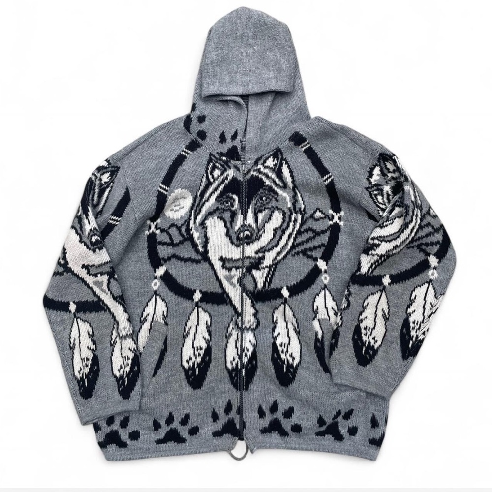 Artesanias Tuntaquimba Native Wolf Wool Knit Full Zip Hooded Jacket XL